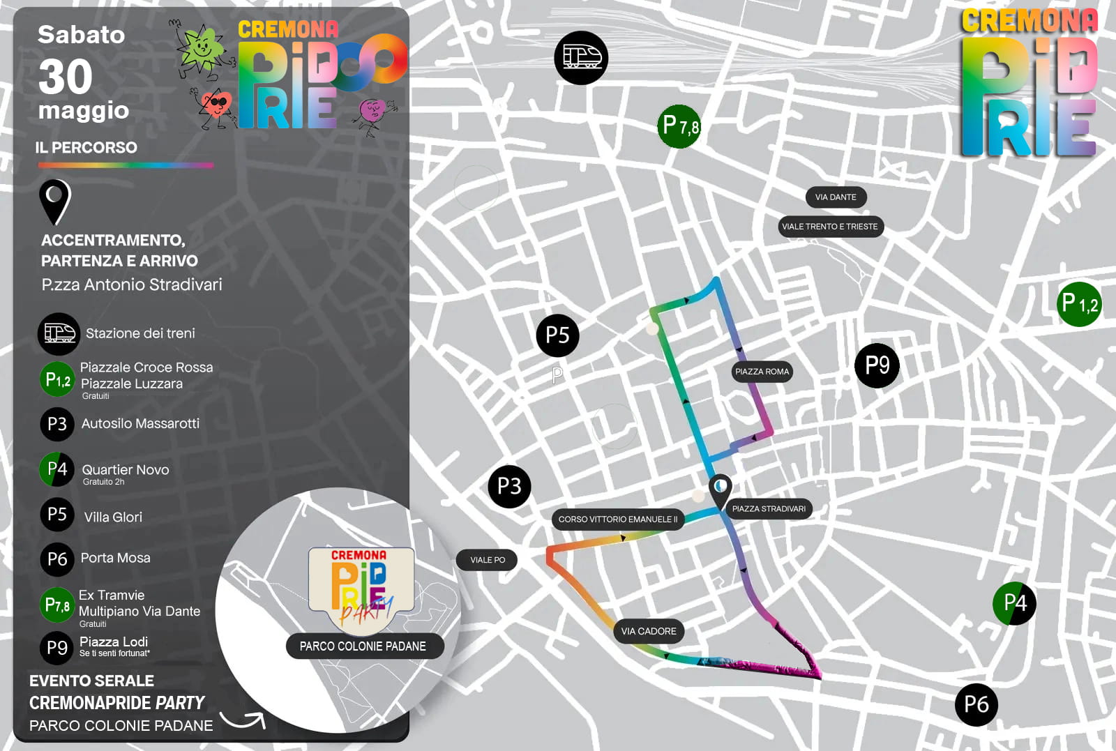 Mappa Cremona Pride 2026 - Parcheggi